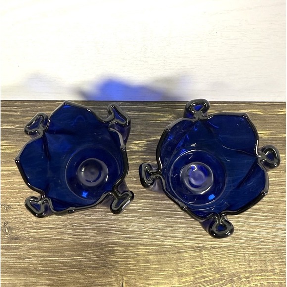 PartyLite Cobalt Blue Glass Votive Candle Holders Pair Tulip Flower Set of 2 - Picture 3 of 7